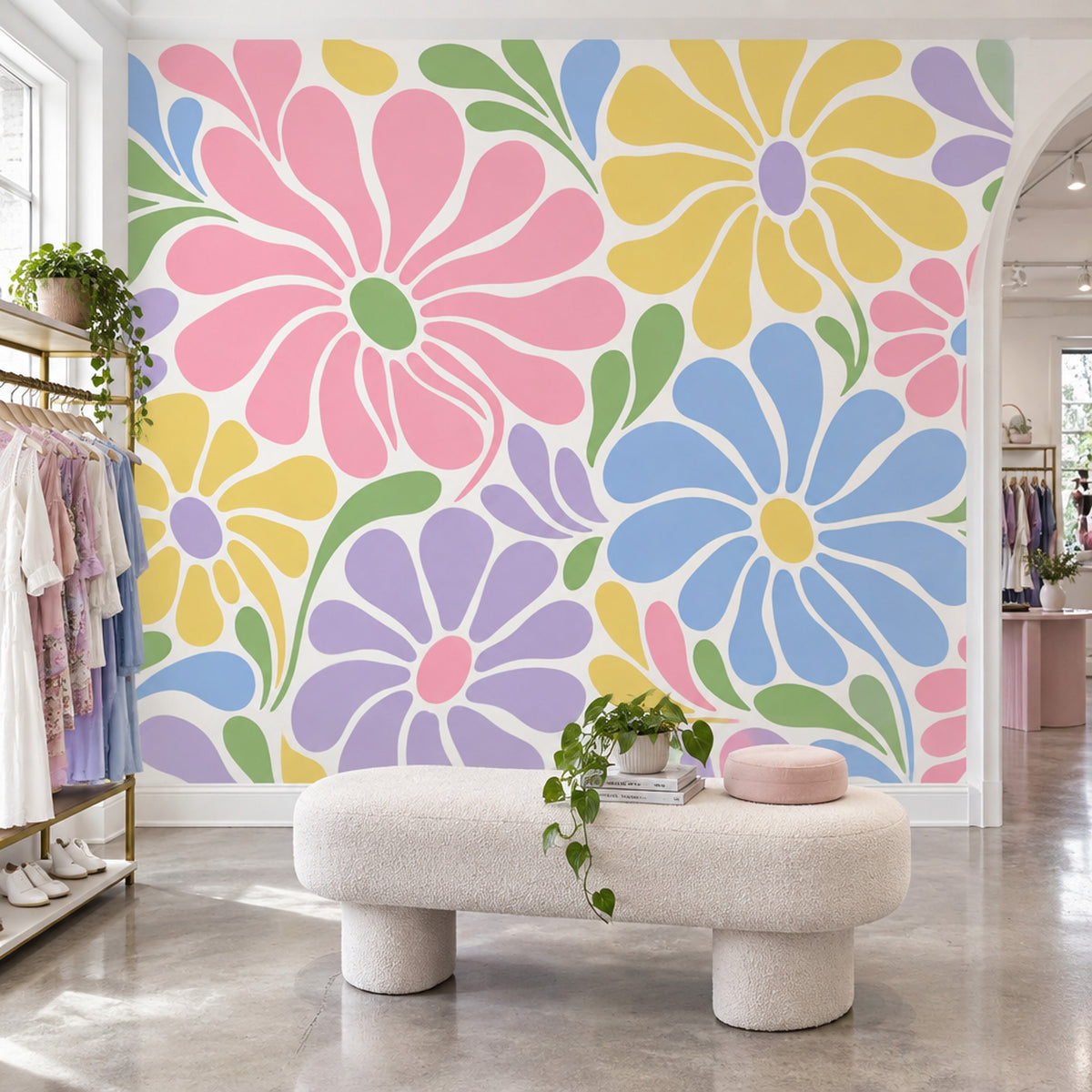 Retro Large Floral Wallpaper Pastel Botanical Wall Mural