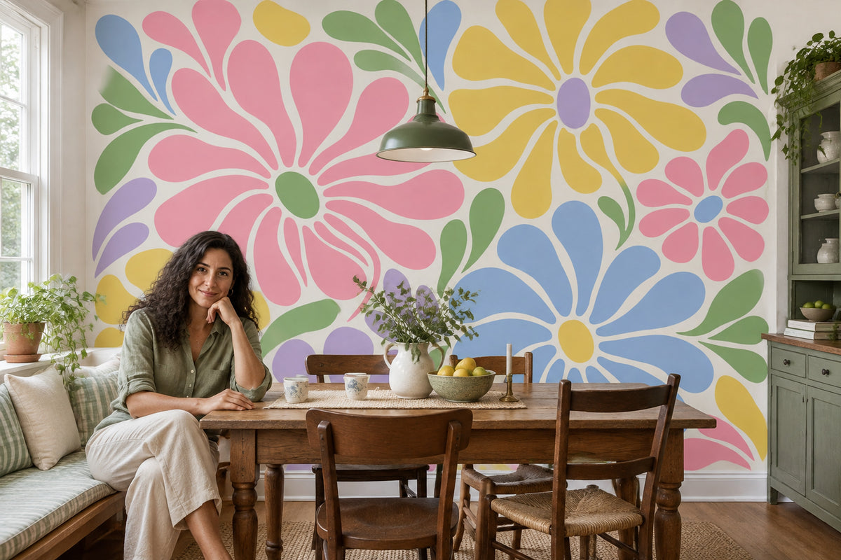 Retro Large Floral Wallpaper Pastel Botanical Wall Mural