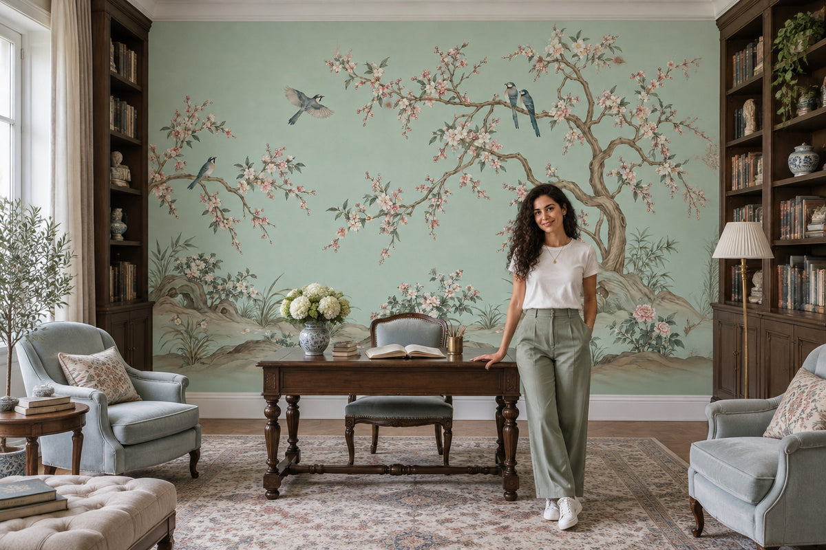 Blossom Tree And Birds Wallpaper Mint Green Chinoiserie Wall Mural