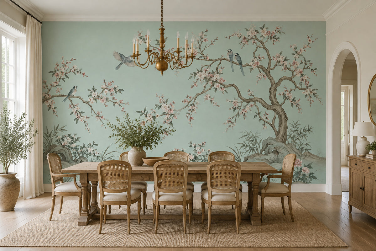 Blossom Tree And Birds Wallpaper Mint Green Chinoiserie Wall Mural