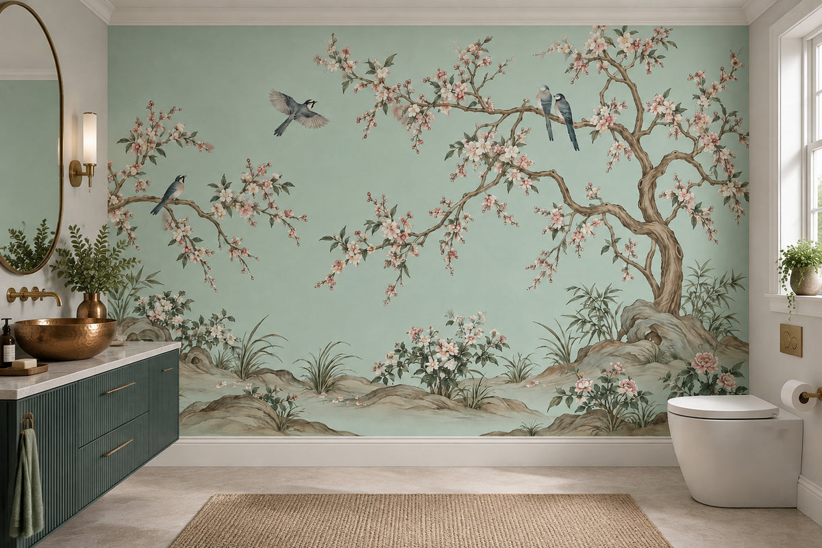 Blossom Tree And Birds Wallpaper Mint Green Chinoiserie Wall Mural