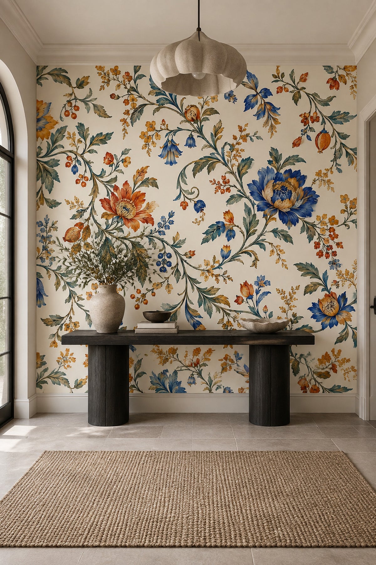 Vintage Botanical Flowers Wallpaper Muted Green Chinoiserie Wall Mural