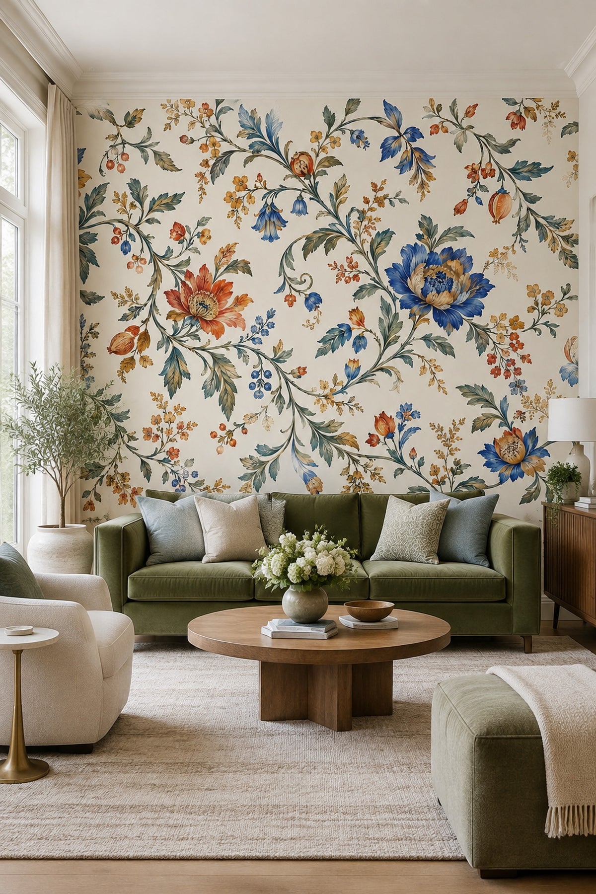 Vintage Botanical Flowers Wallpaper Muted Green Chinoiserie Wall Mural