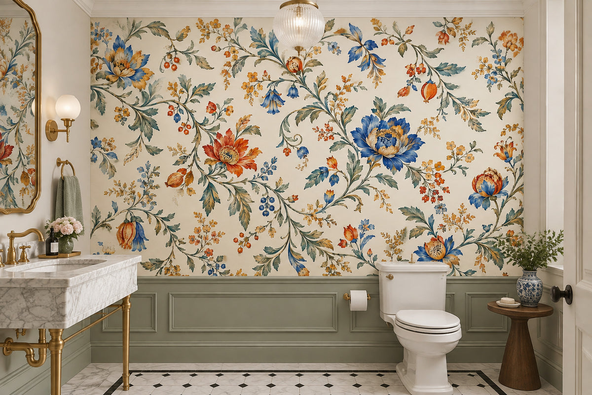 Vintage Botanical Flowers Wallpaper Muted Green Chinoiserie Wall Mural