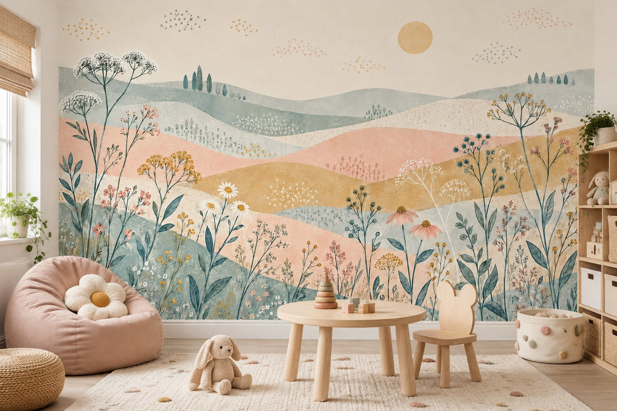 Wildflower Meadow Wallpaper Pastoral Landscape Wall Mural