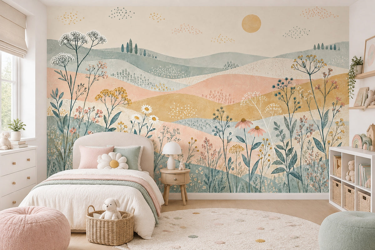 Wildflower Meadow Wallpaper Pastoral Landscape Wall Mural