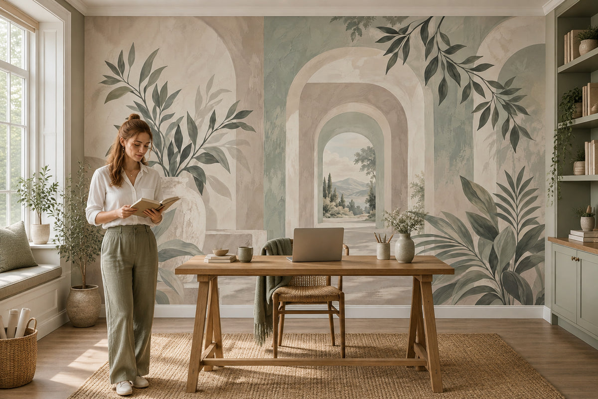 Mediterranean Arched Corridor Wallpaper Tuscan Villa Wall Mural