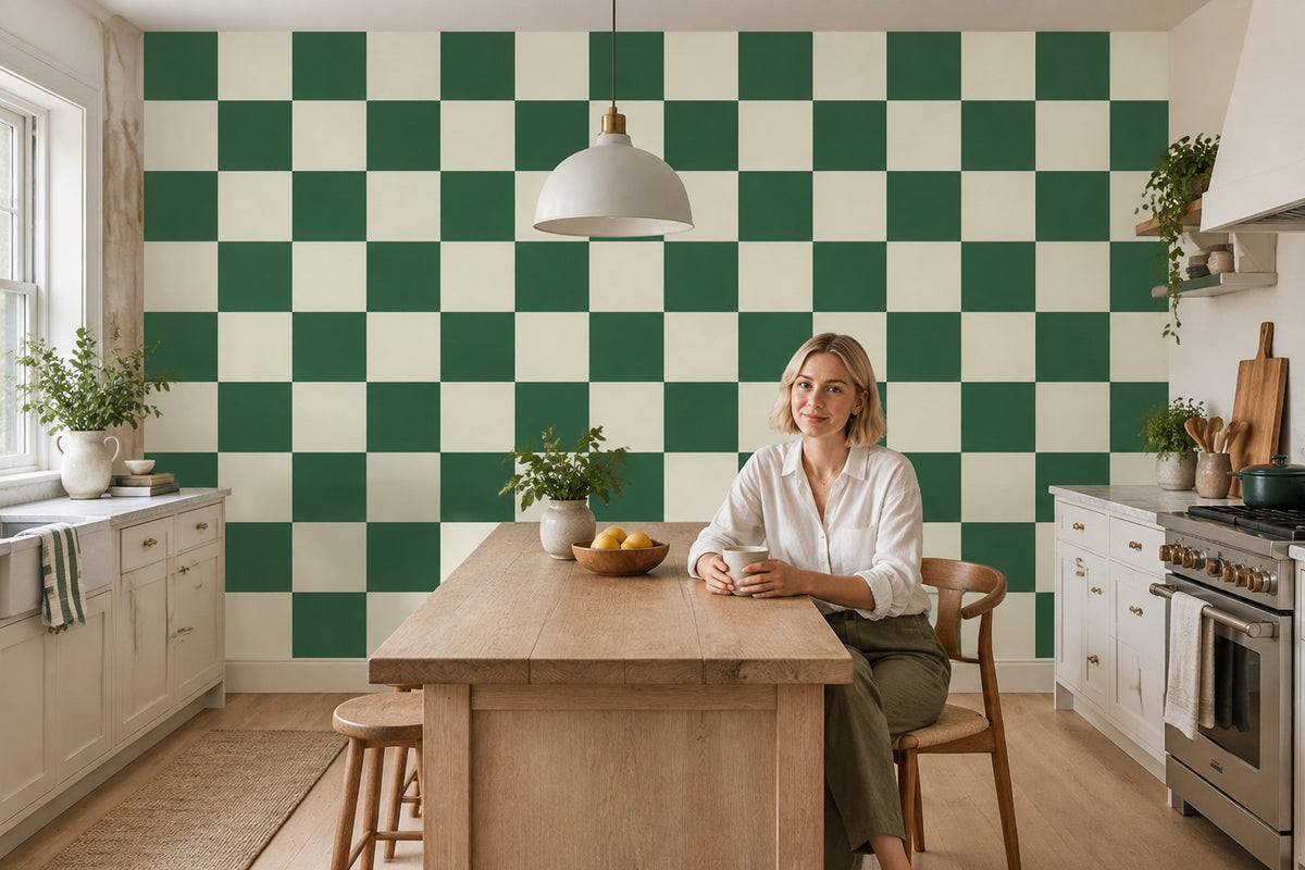 Green Checkerboard Wallpaper Retro Grid Wall Mural