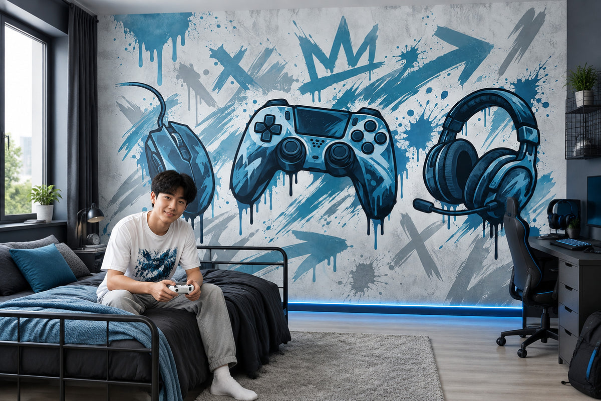 Graffiti Gaming Setup Wallpaper Blue Urban Wall Mural