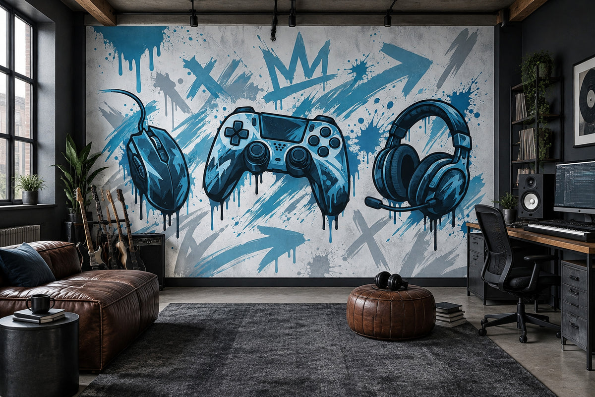 Graffiti Gaming Setup Wallpaper Blue Urban Wall Mural