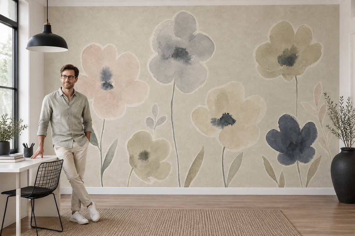 Watercolor Floral Wallpaper Muted Botanical Wall Mural