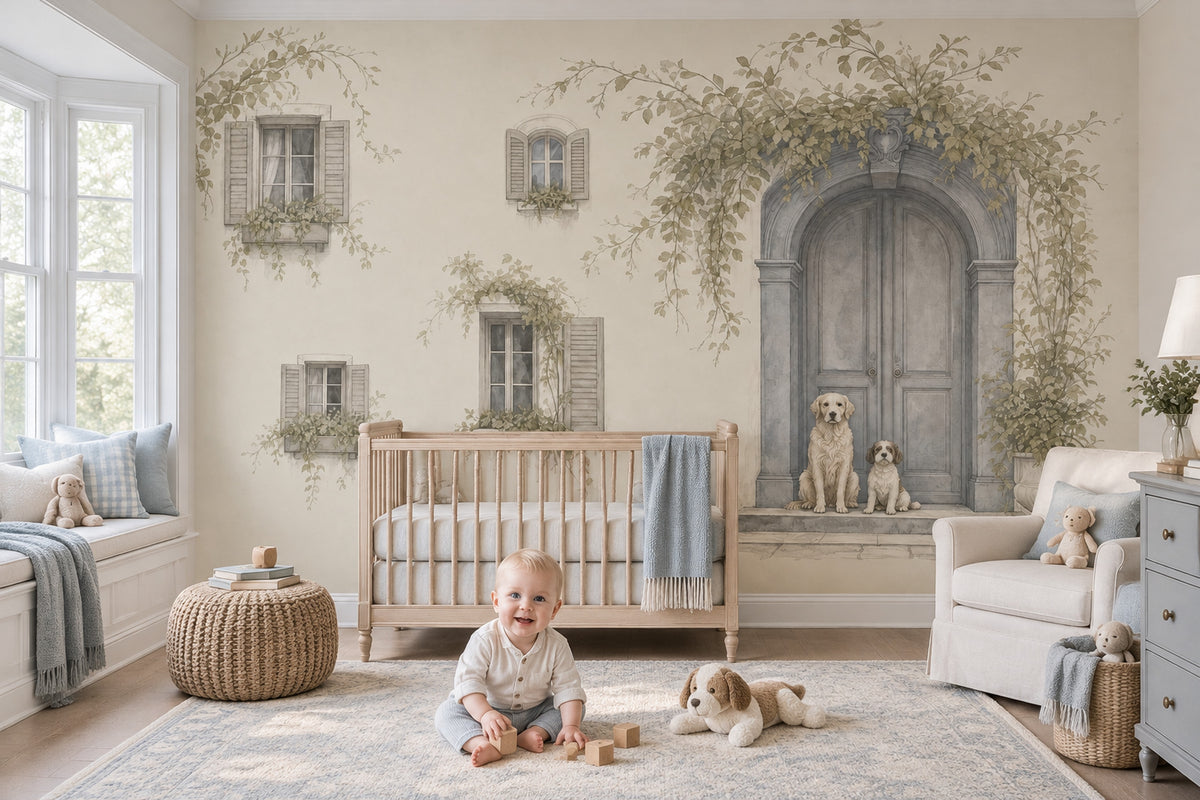Arched Doorway Dogs Wallpaper Watercolor Facade Wall Mural