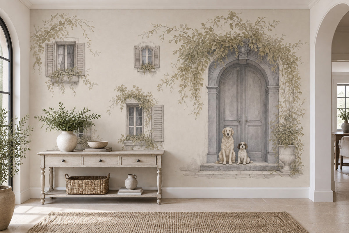 Arched Doorway Dogs Wallpaper Watercolor Facade Wall Mural