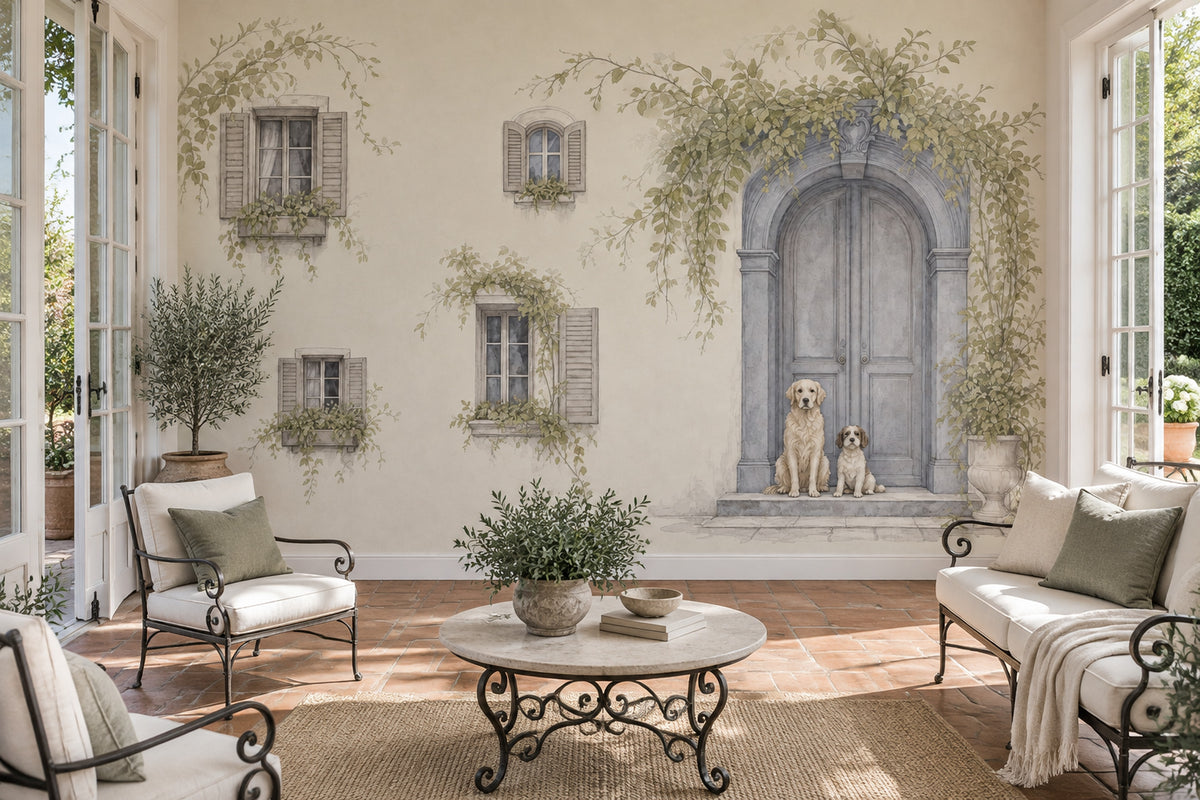 Arched Doorway Dogs Wallpaper Watercolor Facade Wall Mural