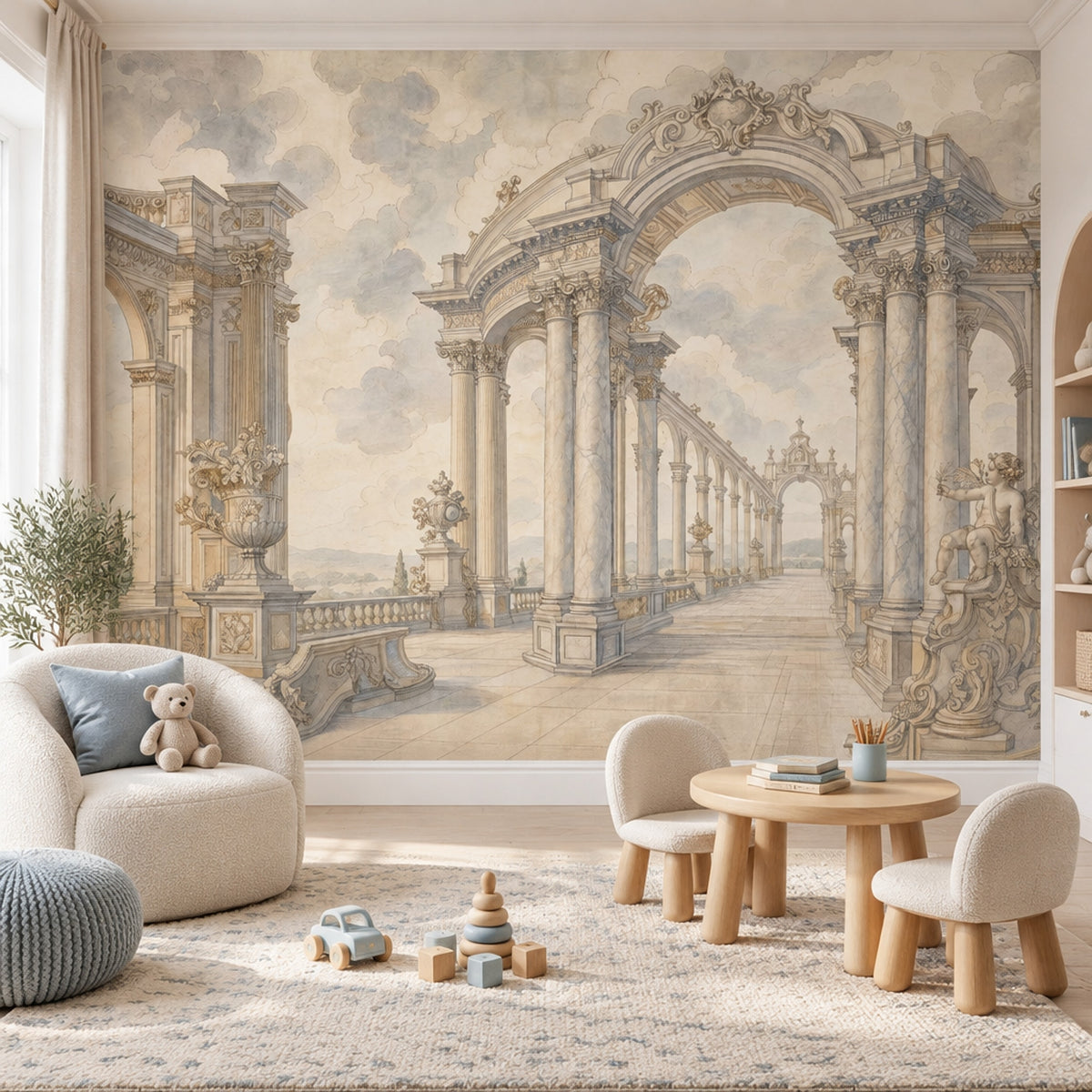 Classical Palace Terrace Wallpaper Cloudy Sky Wall Mural