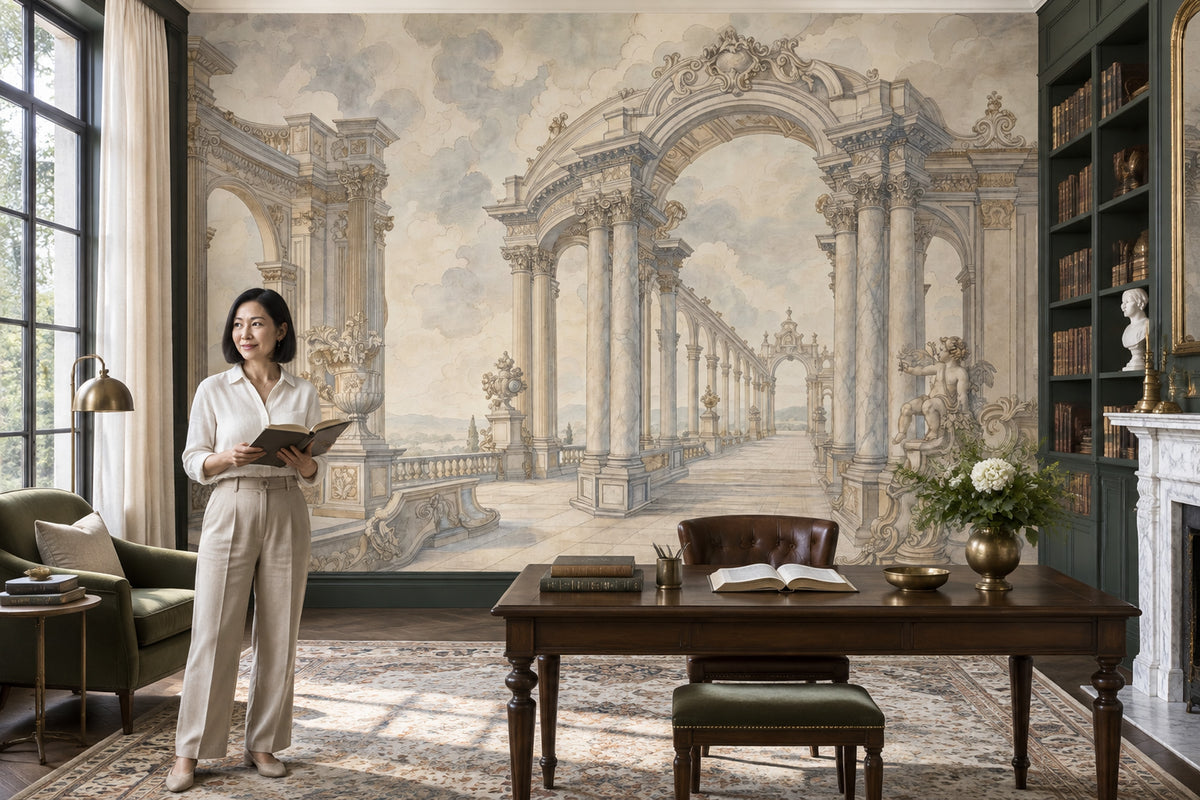 Classical Palace Terrace Wallpaper Cloudy Sky Wall Mural