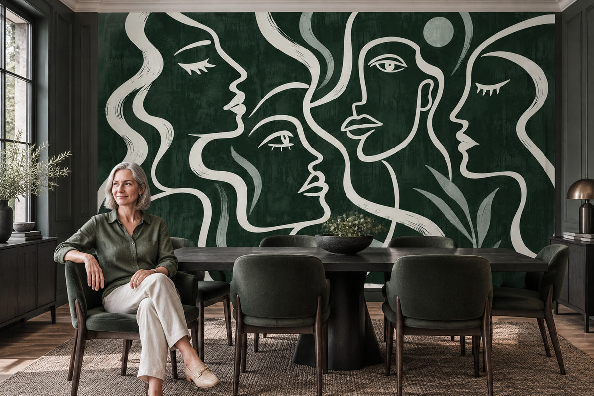Line Art Faces Wallpaper Forest Green Wall Mural