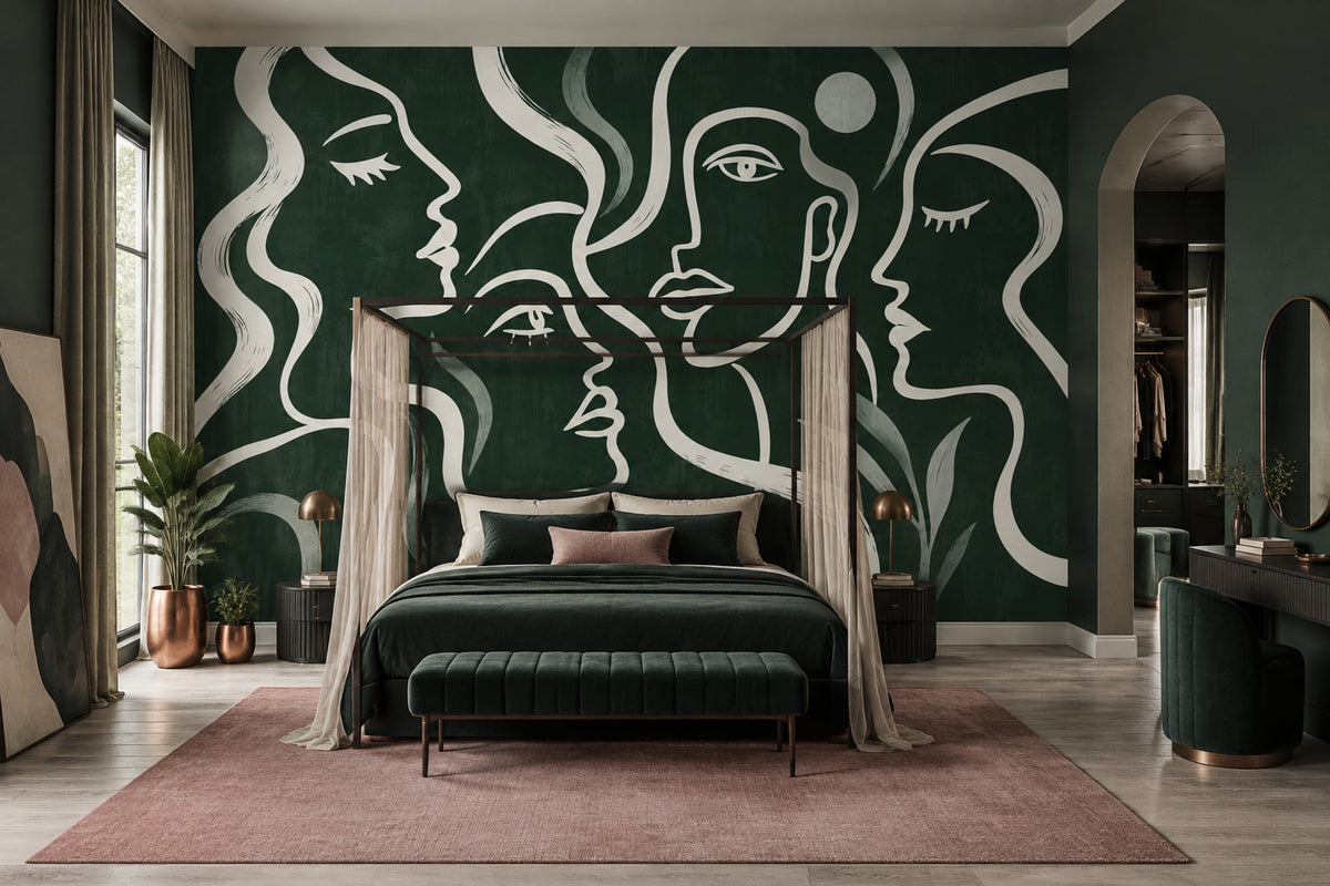 Line Art Faces Wallpaper Forest Green Wall Mural