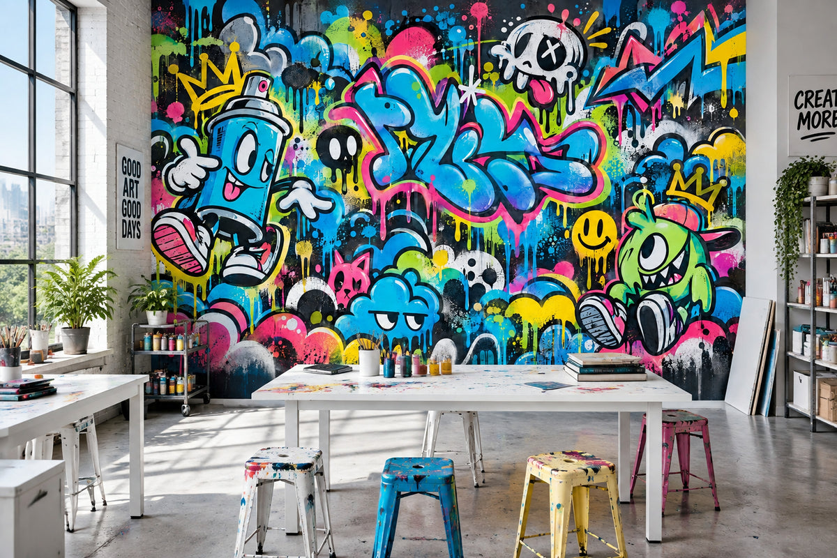 Neon Graffiti Characters Wallpaper Urban Street Art Wall Mural
