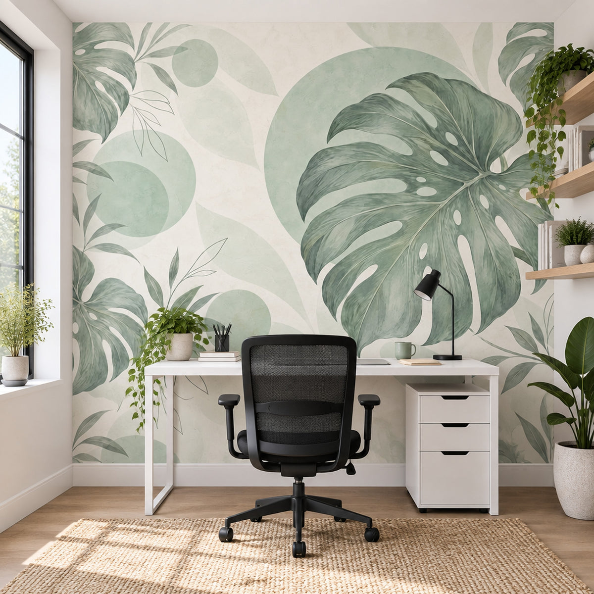 Sage Green Monstera Leaves Wallpaper Watercolor Tropical Wall Mural