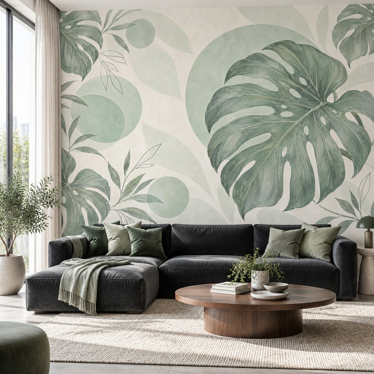 Sage Green Monstera Leaves Wallpaper Watercolor Tropical Wall Mural