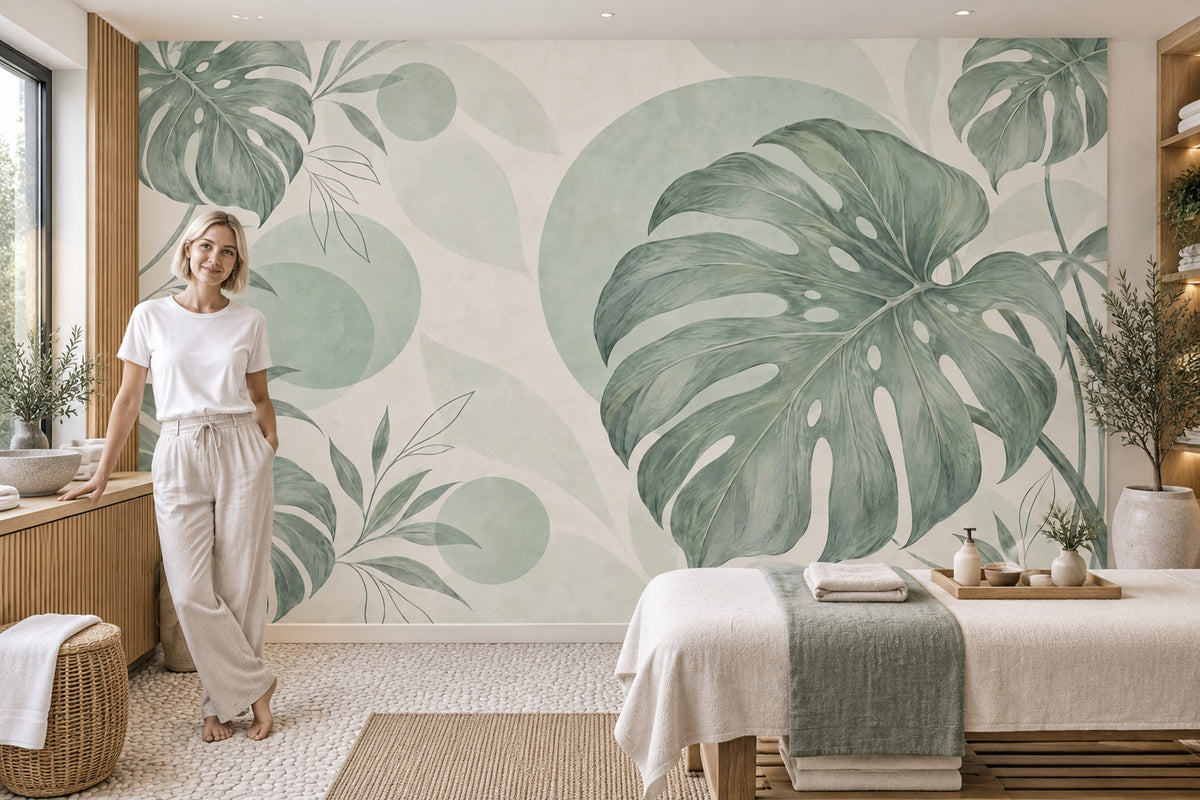 Sage Green Monstera Leaves Wallpaper Watercolor Tropical Wall Mural