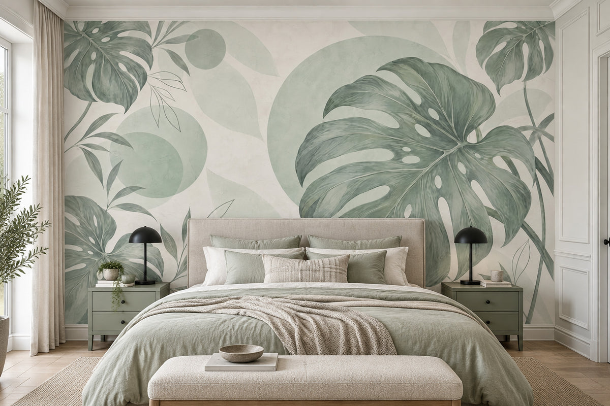 Sage Green Monstera Leaves Wallpaper Watercolor Tropical Wall Mural