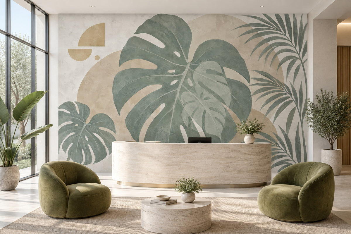Tropical Leaves Wallpaper Sage Green Botanical Wall Mural