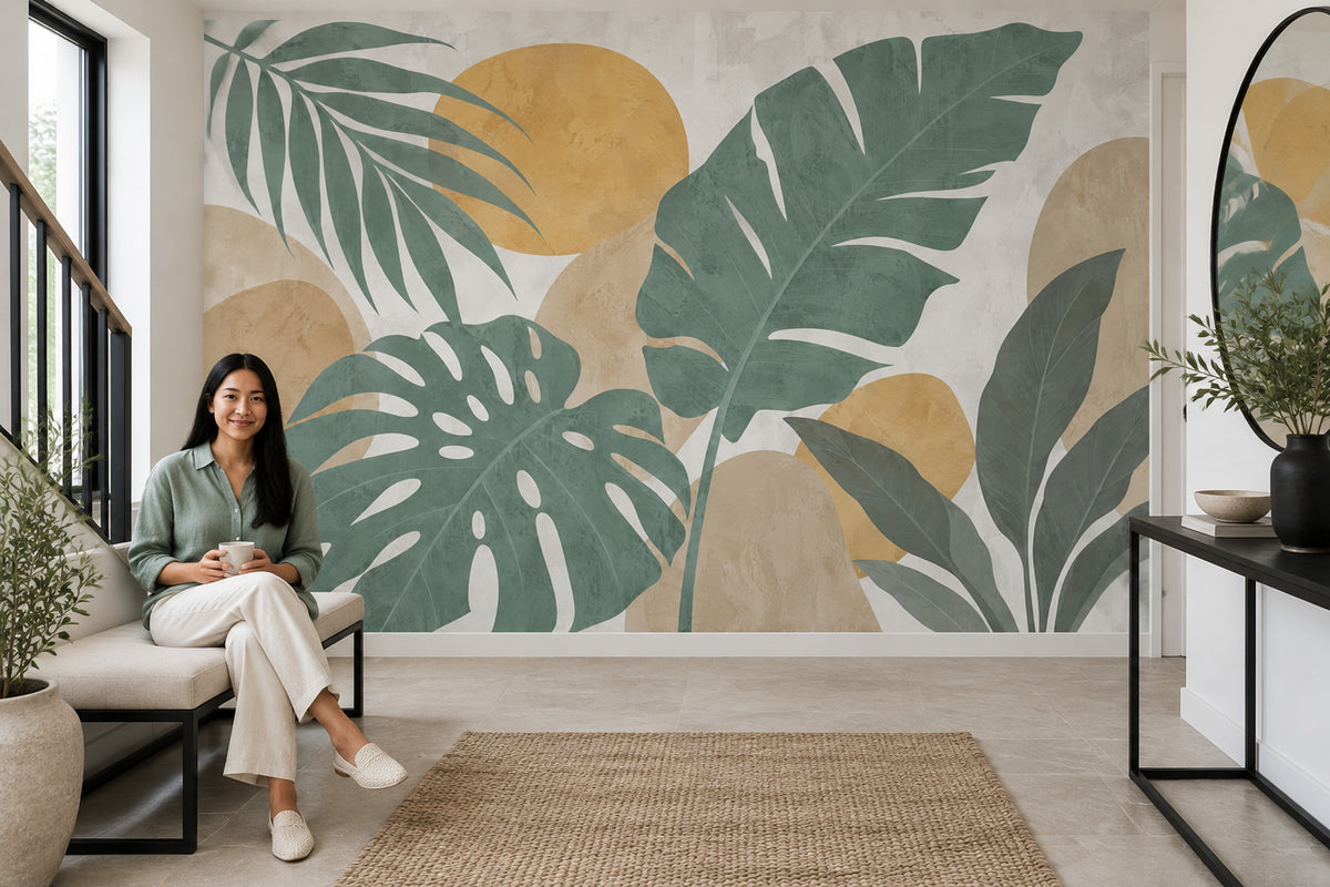 Tropical Leaves Wallpaper Sage Green Botanical Wall Mural