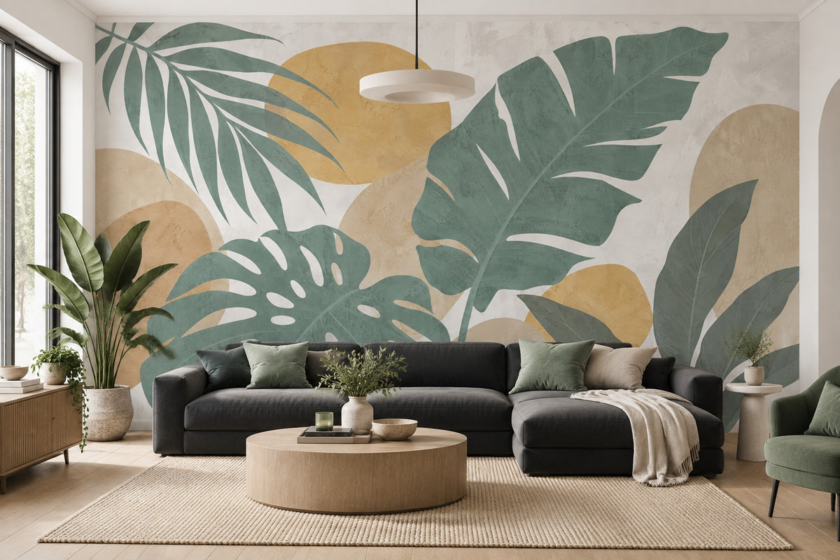 Tropical Leaves Wallpaper Sage Green Botanical Wall Mural