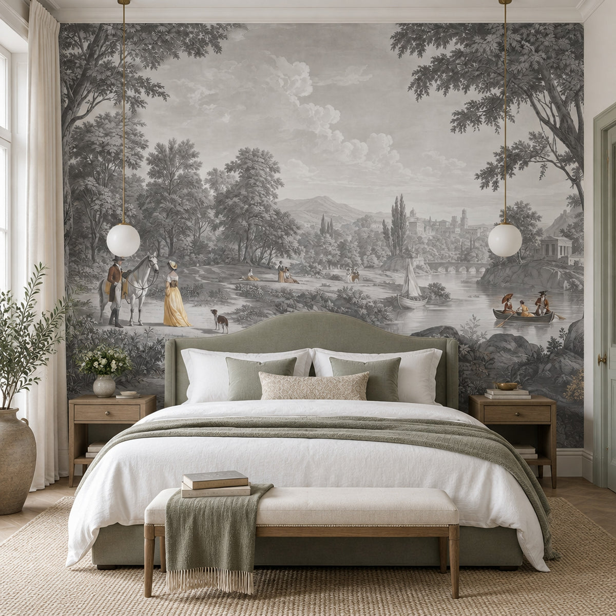 Pastoral Scenic Landscape Wallpaper Vintage Toile Wall Mural