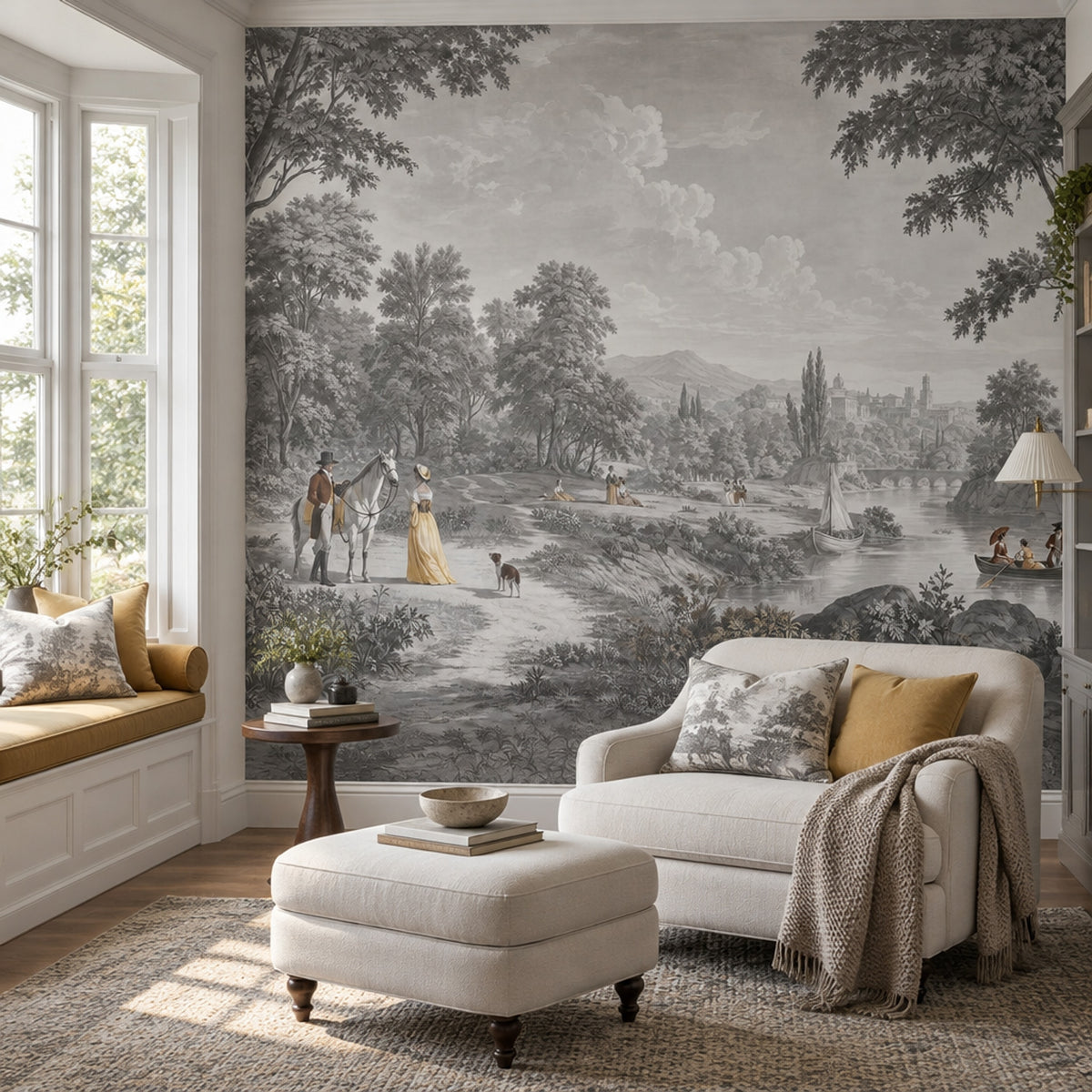 Pastoral Scenic Landscape Wallpaper Vintage Toile Wall Mural