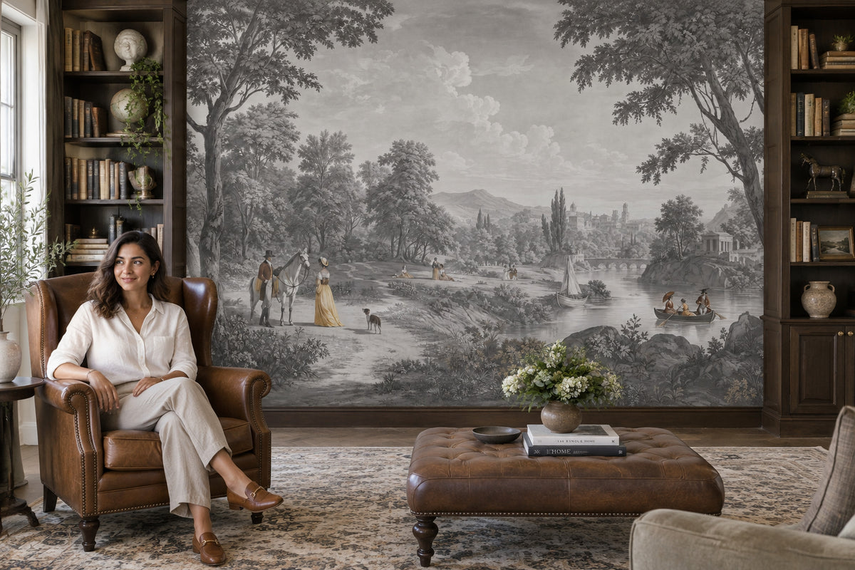 Pastoral Scenic Landscape Wallpaper Vintage Toile Wall Mural