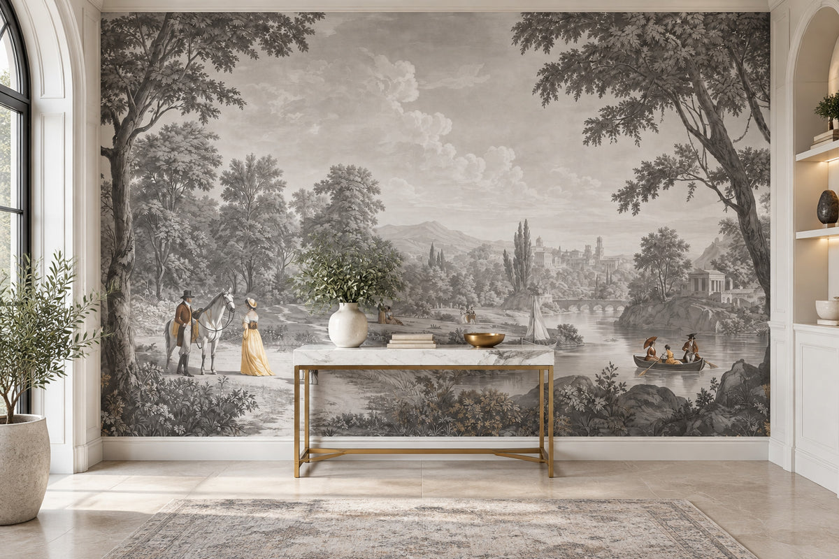 Pastoral Scenic Landscape Wallpaper Vintage Toile Wall Mural