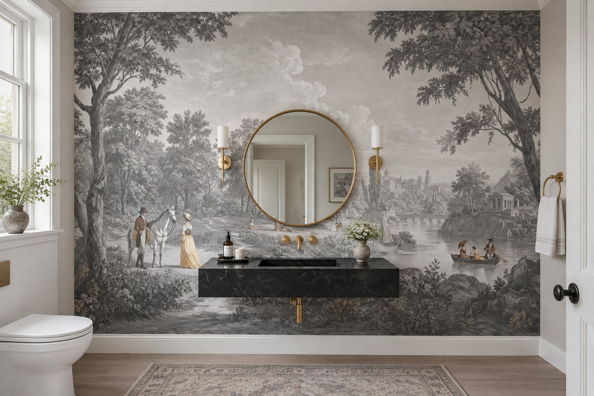 Pastoral Scenic Landscape Wallpaper Vintage Toile Wall Mural