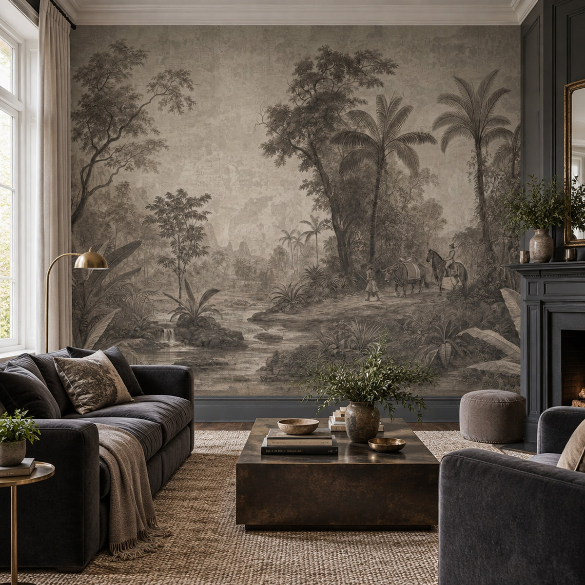 Vintage Tropical Jungle River Wallpaper Sepia Engraving Wall Mural