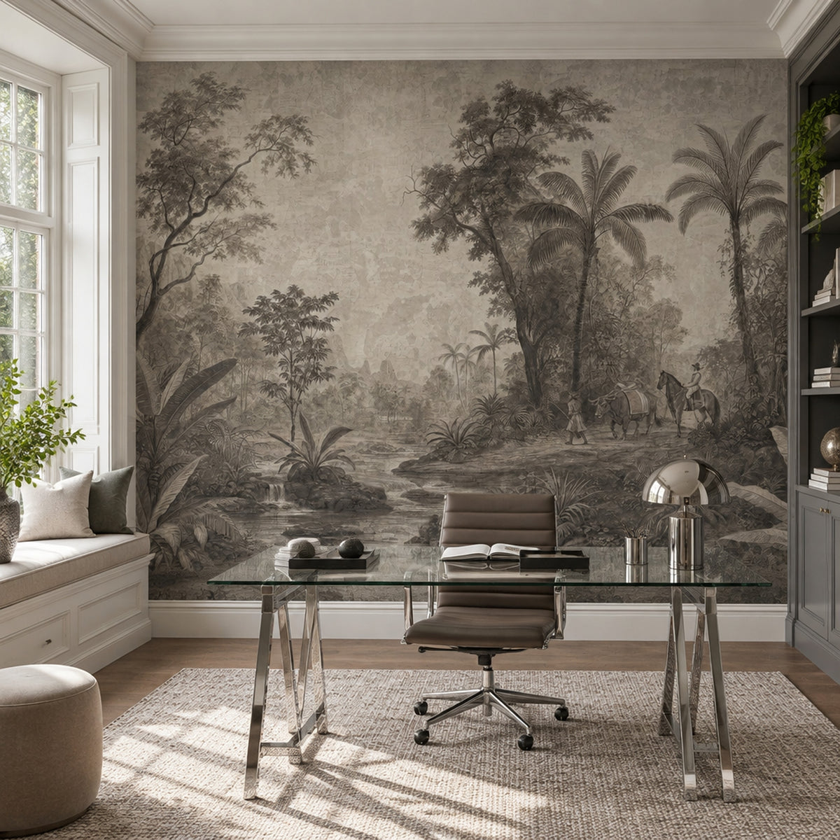 Vintage Tropical Jungle River Wallpaper Sepia Engraving Wall Mural