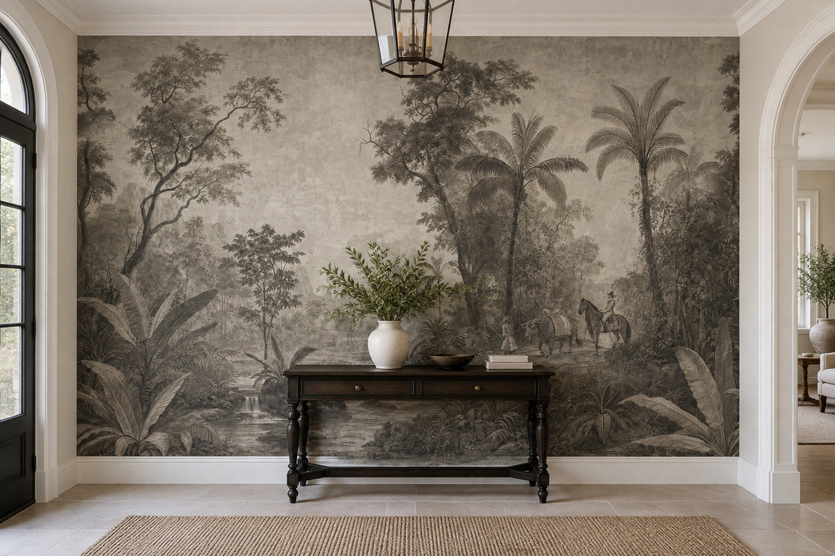Vintage Tropical Jungle River Wallpaper Sepia Engraving Wall Mural
