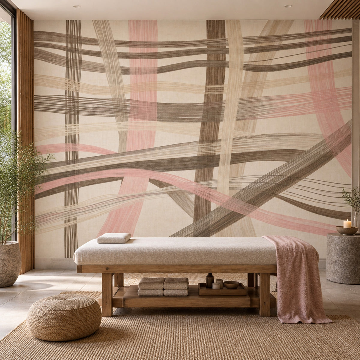 Abstract Linear Brushstroke Wallpaper Neutral Woven Wall Mural