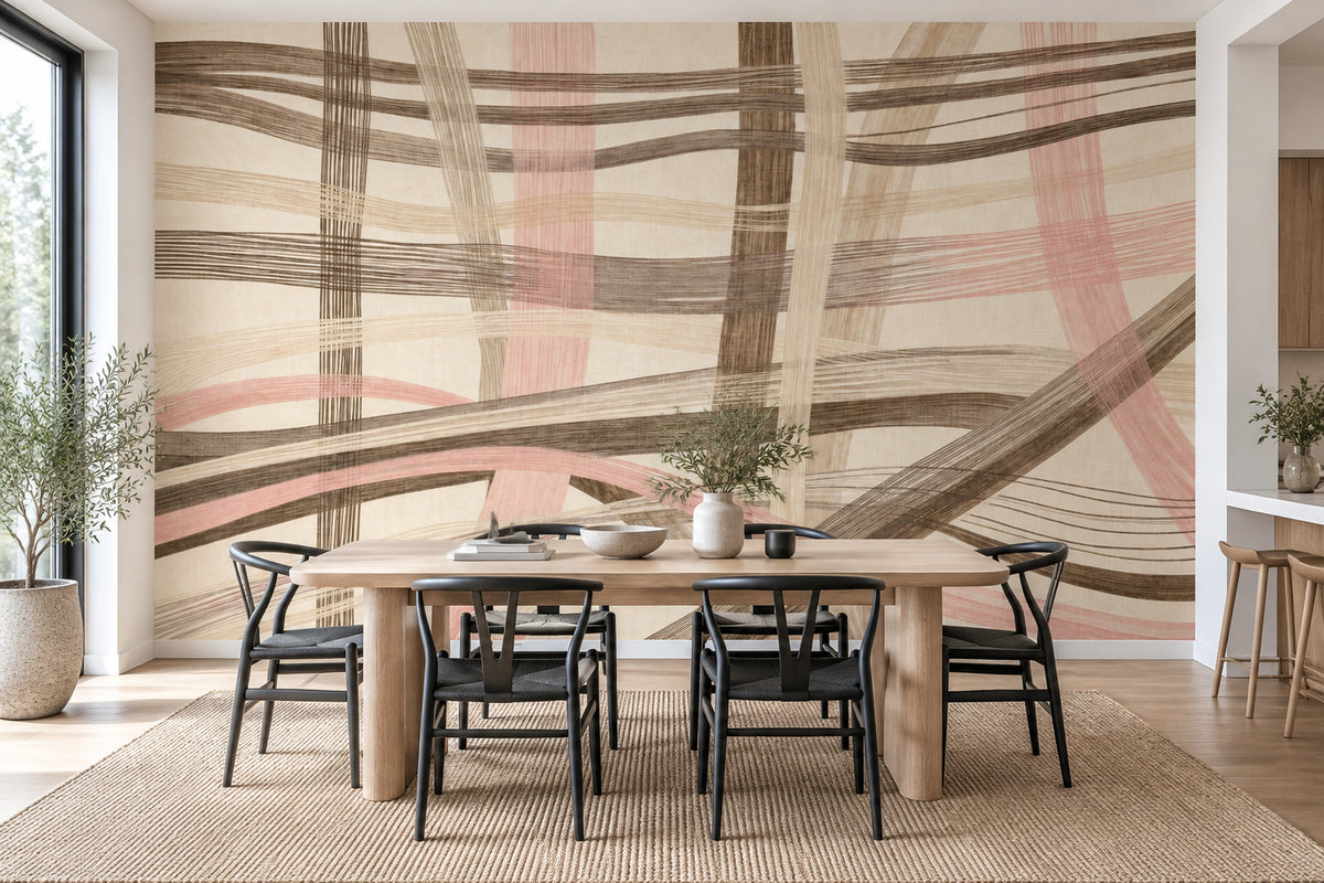 Abstract Linear Brushstroke Wallpaper Neutral Woven Wall Mural