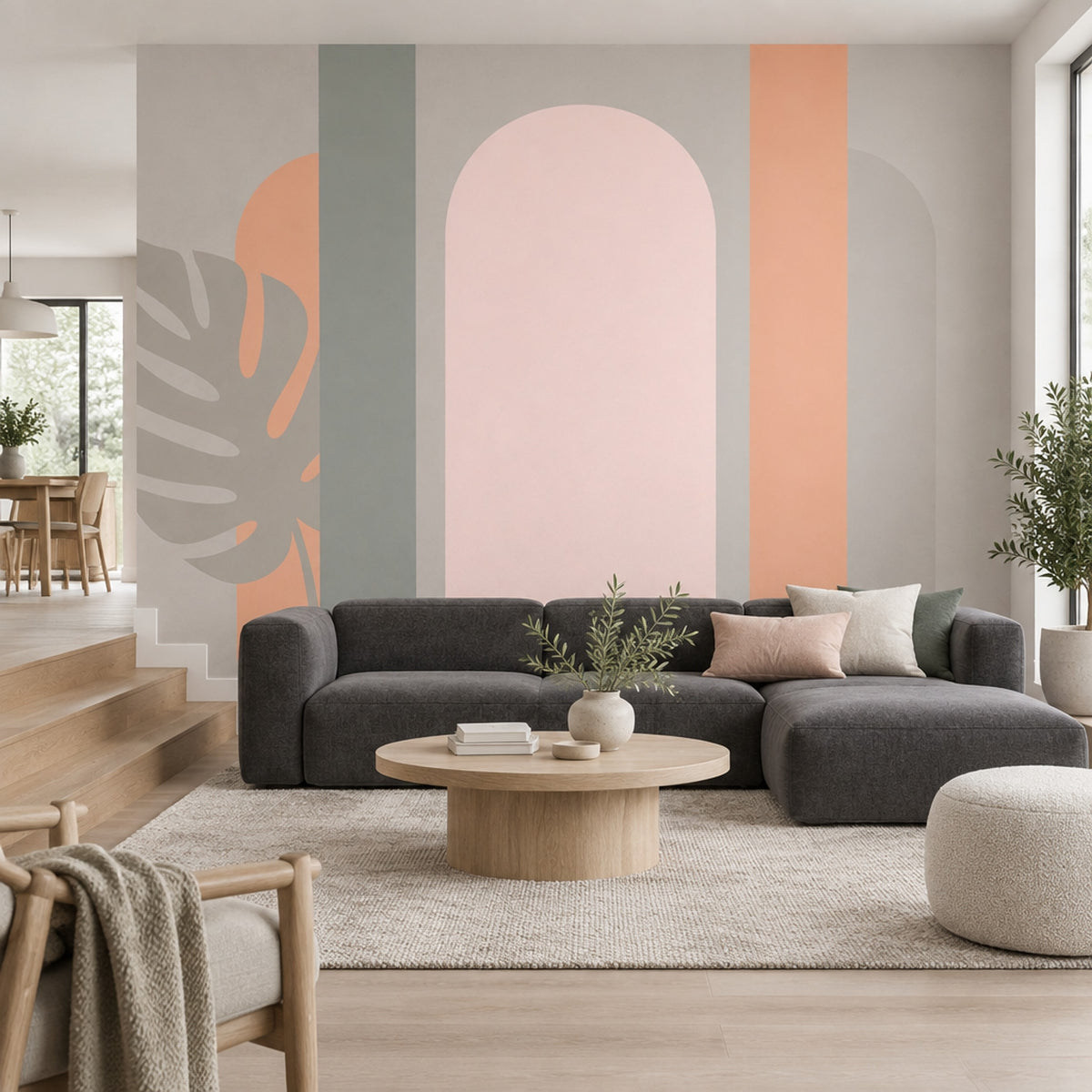Pastel Geometric Arches Wallpaper Minimalist Monstera Wall Mural
