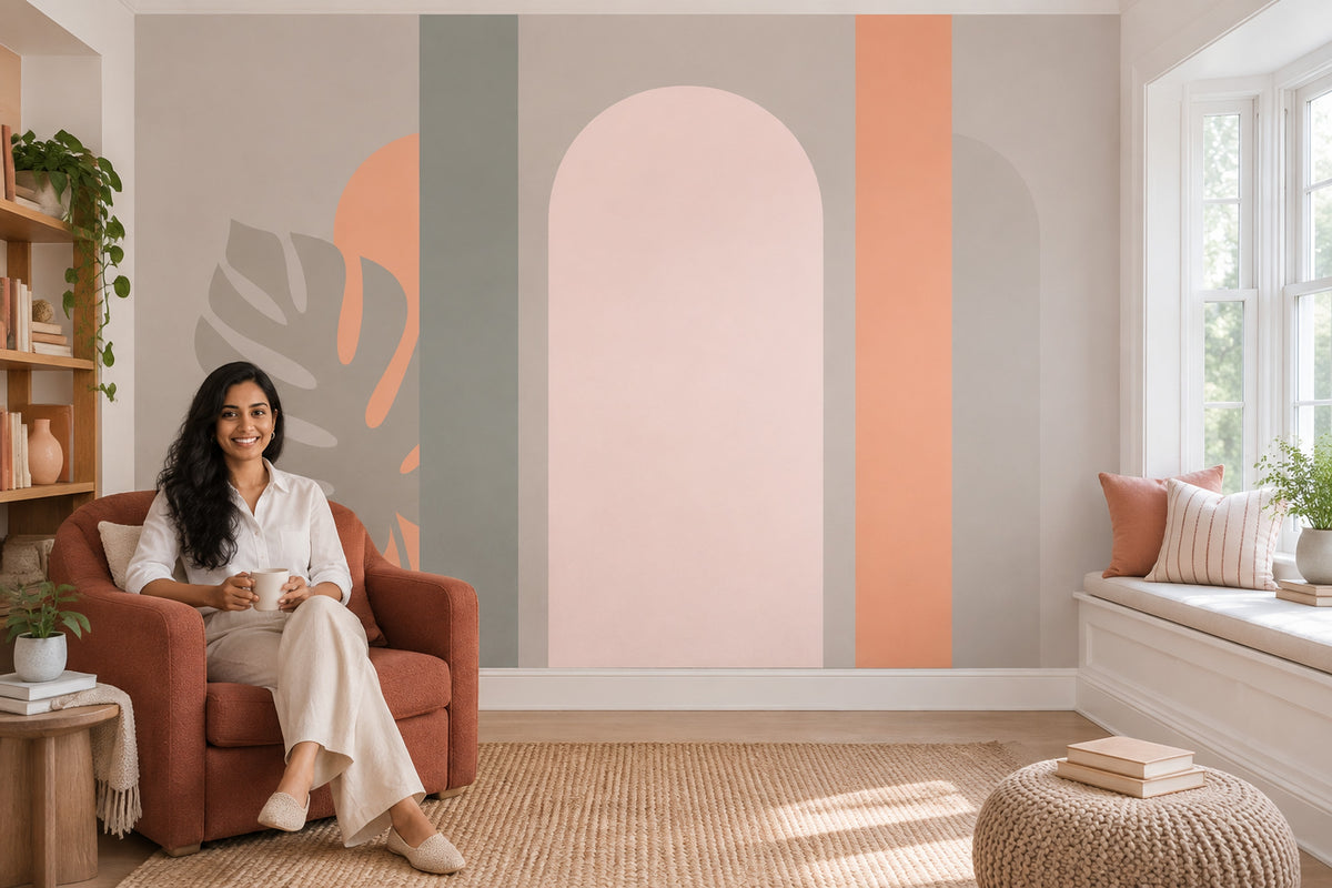 Pastel Geometric Arches Wallpaper Minimalist Monstera Wall Mural