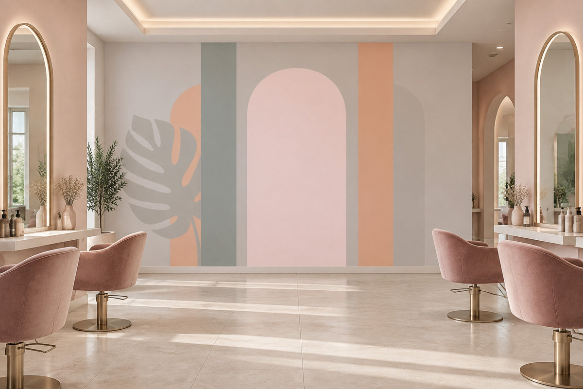 Pastel Geometric Arches Wallpaper Minimalist Monstera Wall Mural