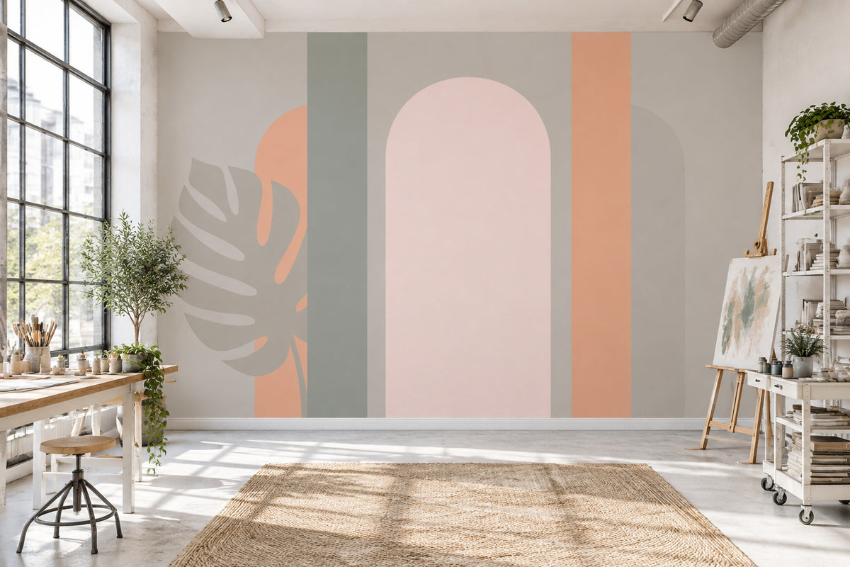 Pastel Geometric Arches Wallpaper Minimalist Monstera Wall Mural