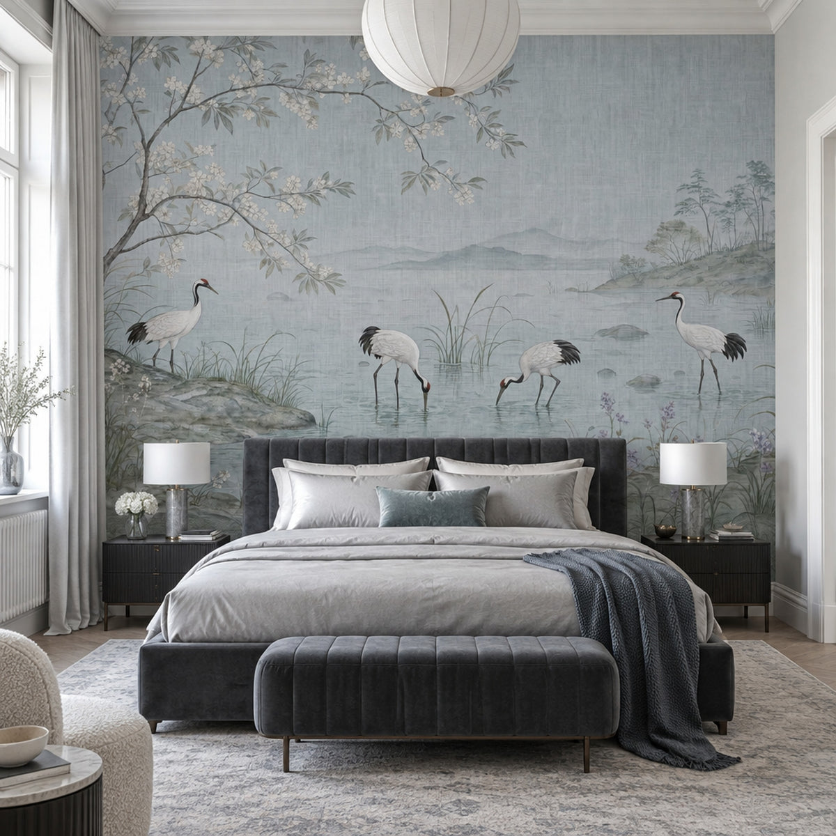 Cranes And Cherry Blossoms Wallpaper East Asian Landscape Wall Mural