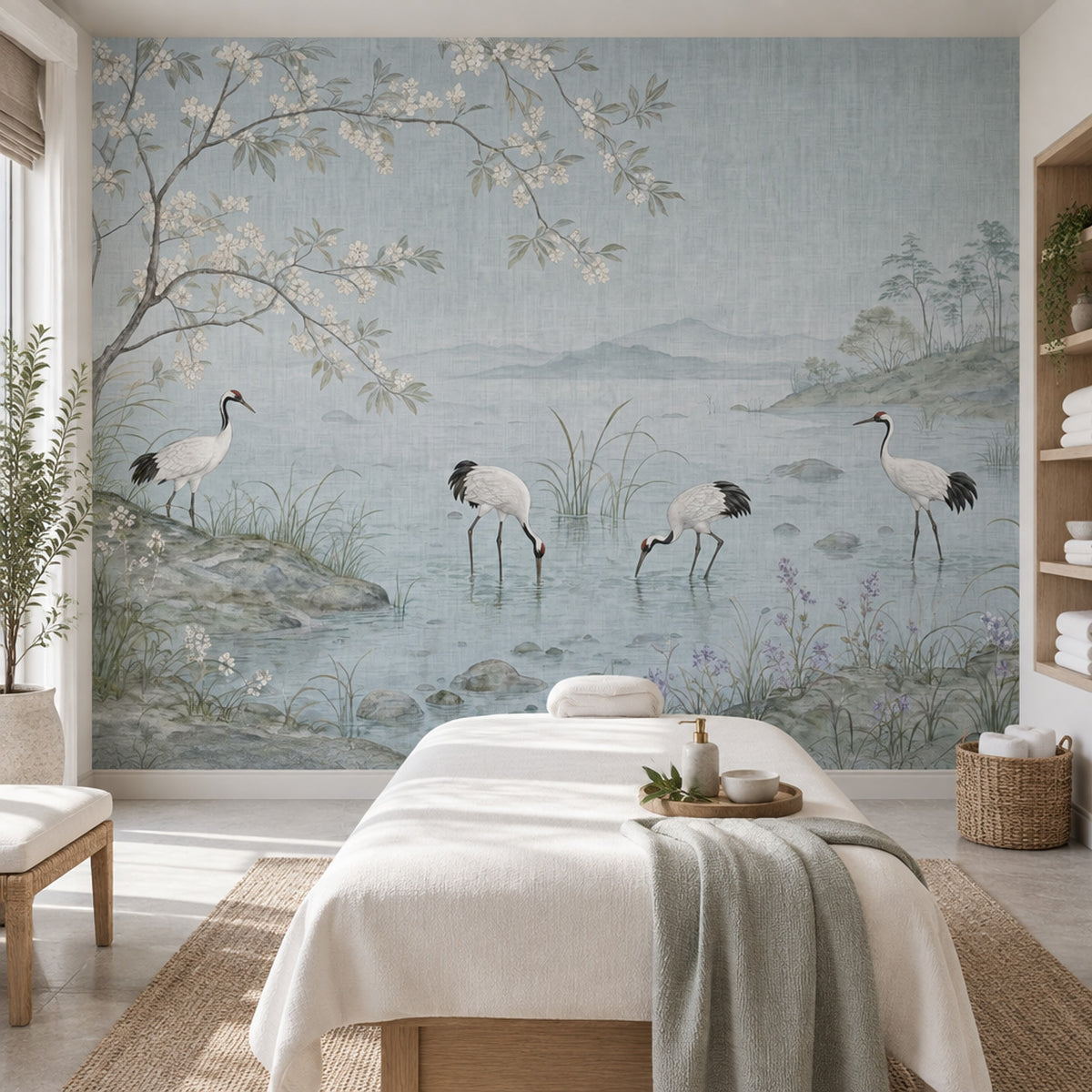 Cranes And Cherry Blossoms Wallpaper East Asian Landscape Wall Mural