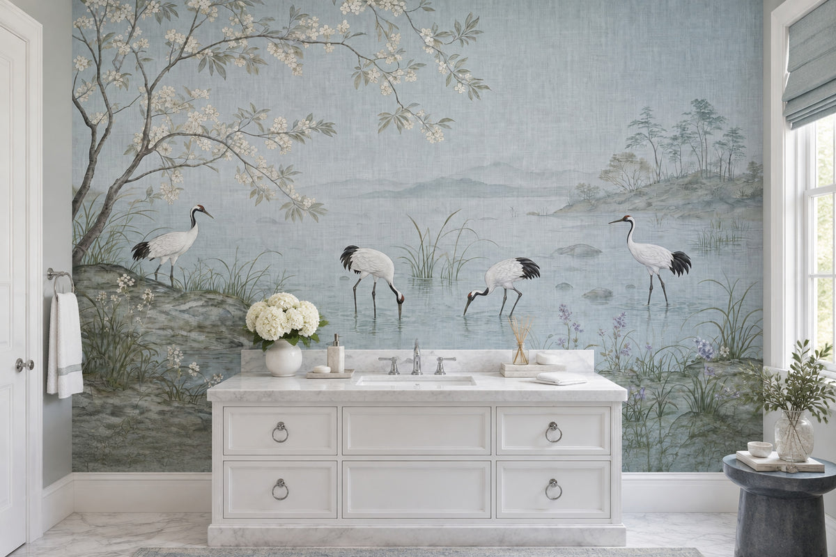 Cranes And Cherry Blossoms Wallpaper East Asian Landscape Wall Mural
