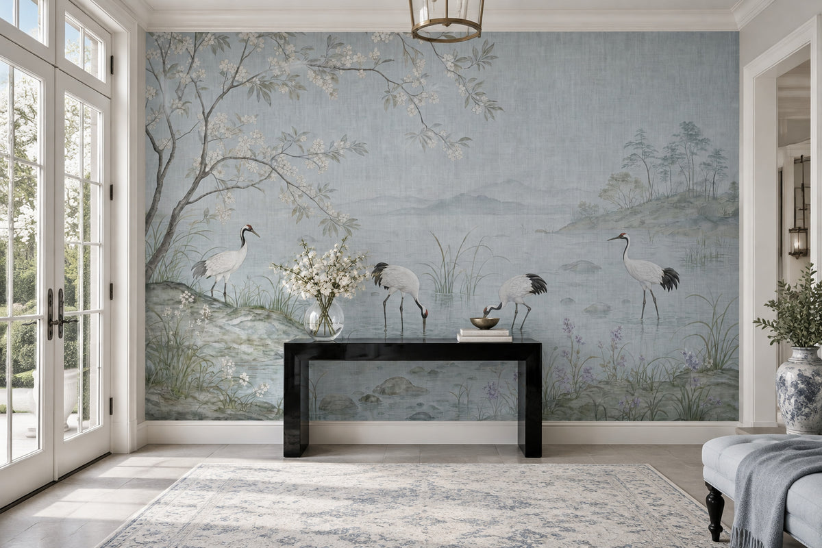 Cranes And Cherry Blossoms Wallpaper East Asian Landscape Wall Mural