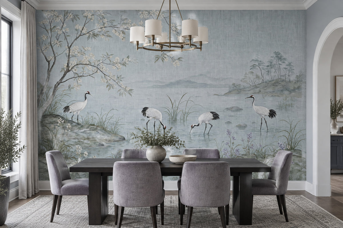 Cranes And Cherry Blossoms Wallpaper East Asian Landscape Wall Mural