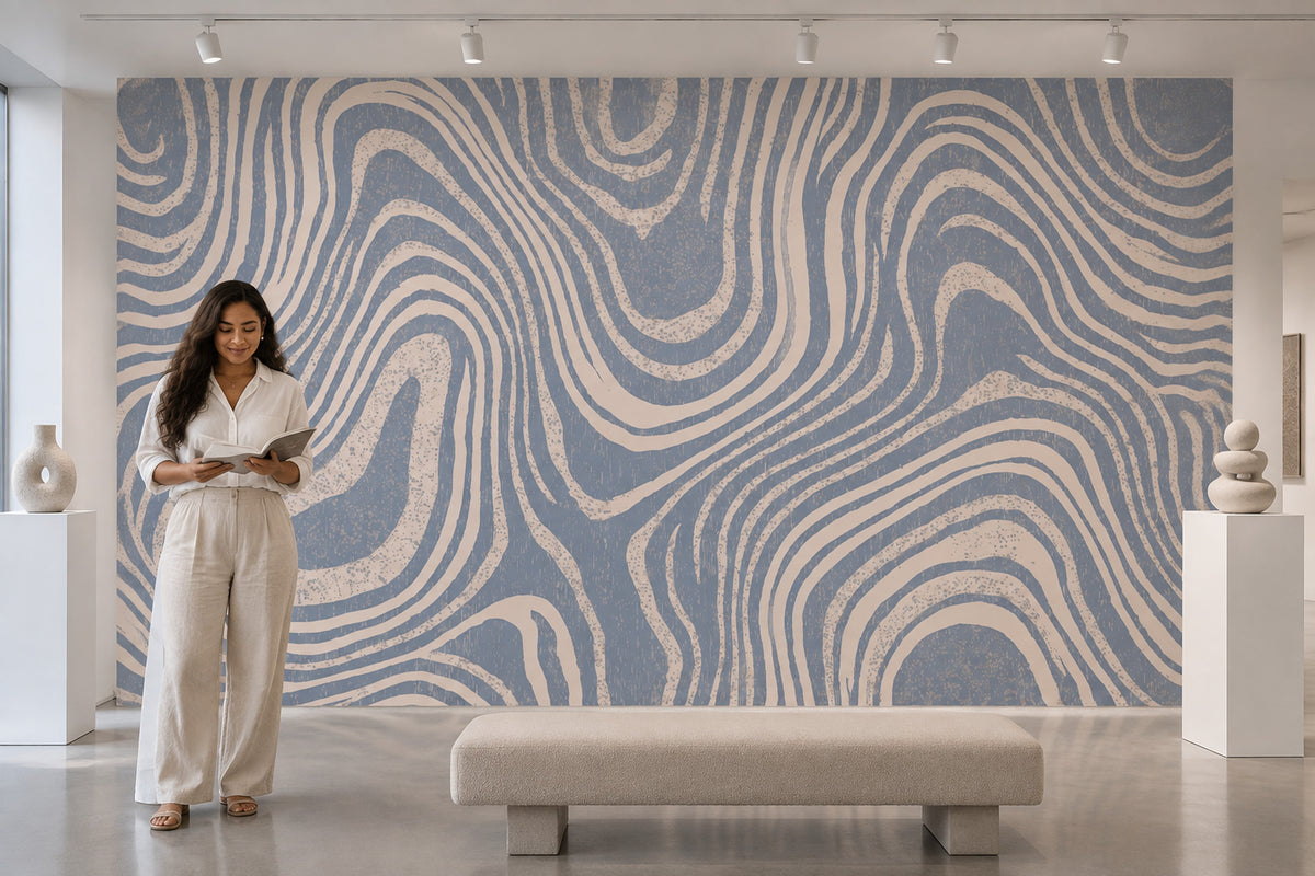 Abstract Topographic Contour Lines Wallpaper Textured Blue Cream Wall Mural
